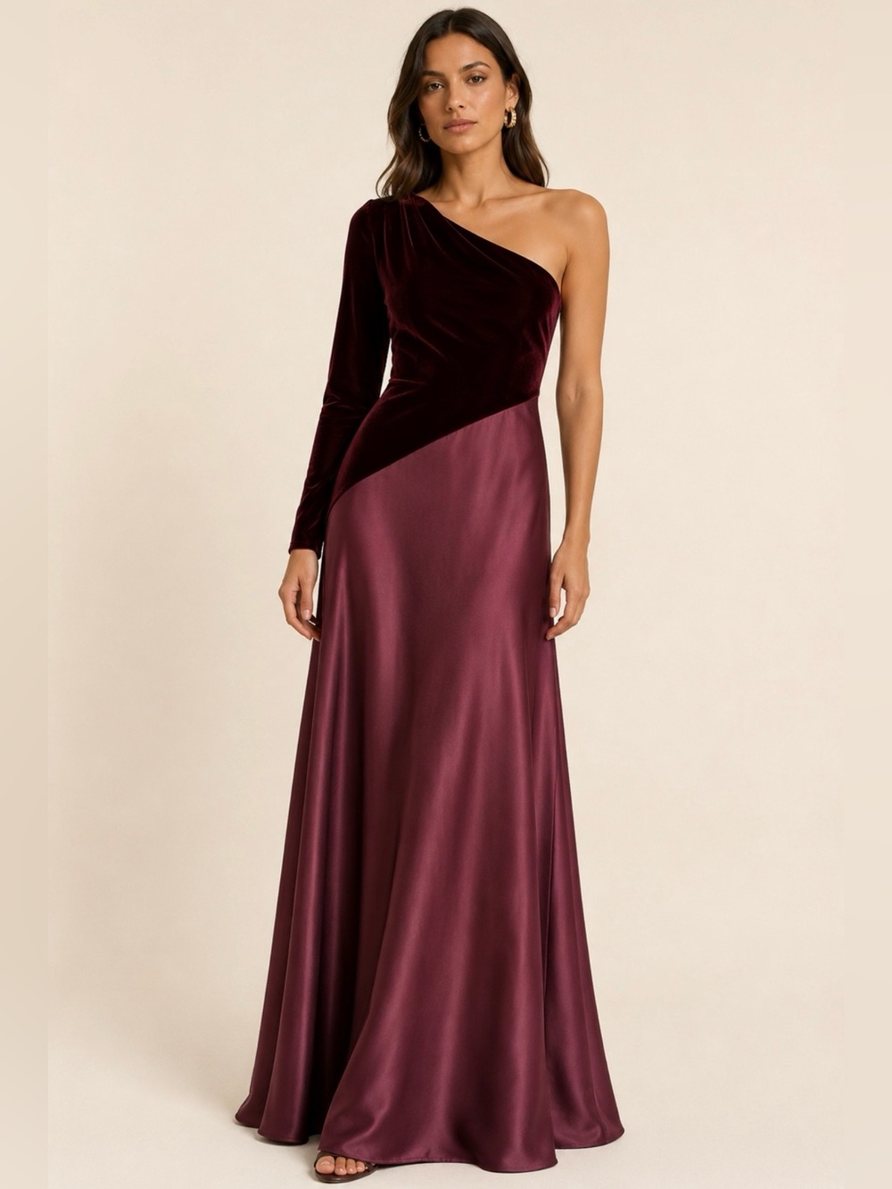 BCBGMaxAzria One-Shoulder Velvet and Satin Gown in Wine